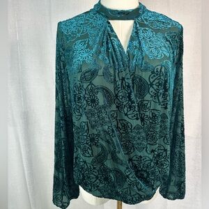 Finn & Grace Teal Velvet Mesh Long-Sleeve Blouse